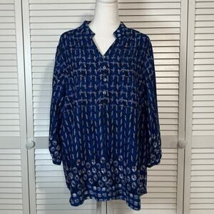 Blair Blouse Y2K Navy Blue Geometric Boho Chic V-neck Tunic Blouse Women XL
